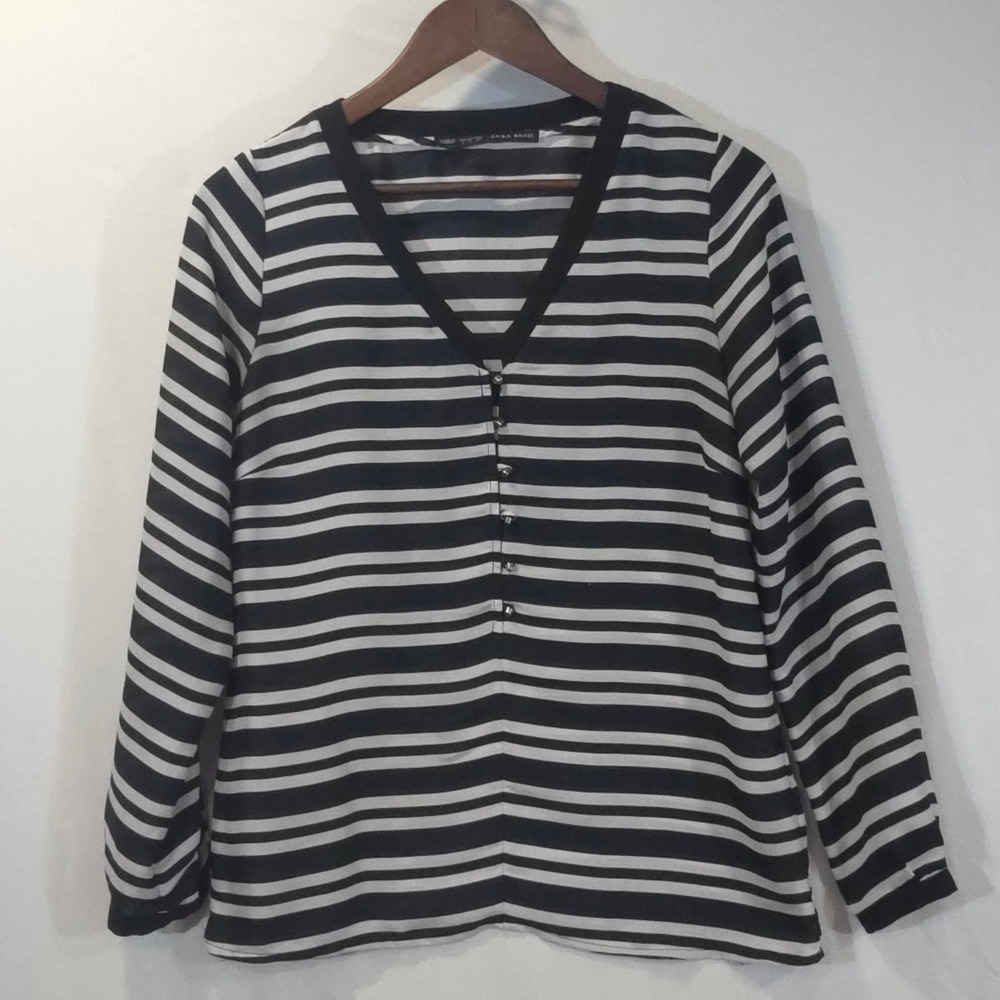 Zara Basic Womens Striped V-Neck Long Sleeve Blouse Black White Size S